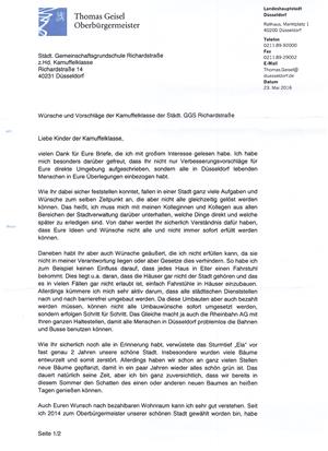 Brief vom OB Düsseldorf Seite 1