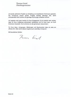 Brief vom OB Düsseldorf Seite 2